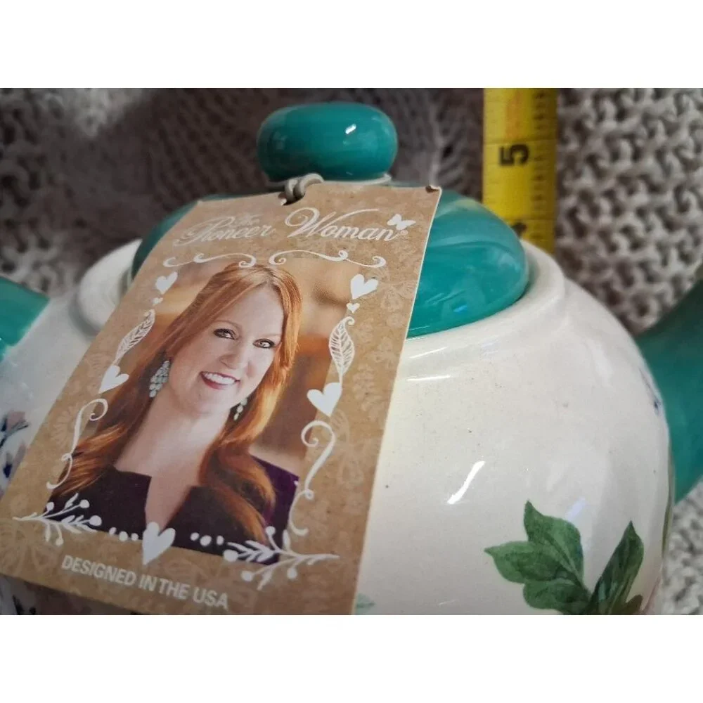 The Pioneer Woman Floral Ceramic Teapot W/Turquoise Lid & Handle 5 Cup Capacity